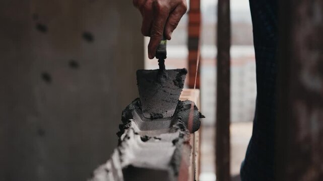 Applying mortar onto block edge with trowel during masonry work close up