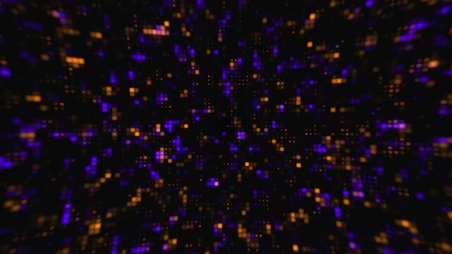 digital background featuring neon purple and orange square pixel particles floating through a dark futuristic cyberspace. Dynamic data transfer matrix with bokeh effect for sci-fi & cyberpunk concept.