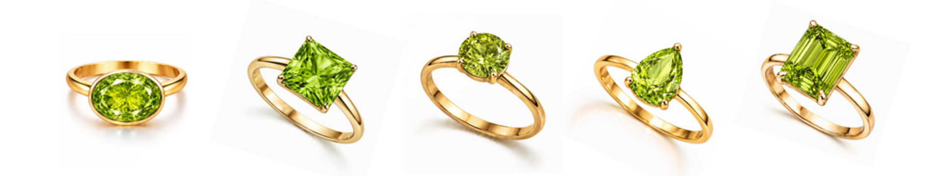 Collection of female elegant gold rings with Peridot (Olivine) in various crystal shapes isolated on white background