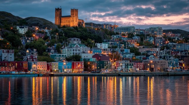 Evening cityscape of St. John&rsquo;s, Newfoundland and Labrador, Canada, with warm twilight lighting over the urban landscape.