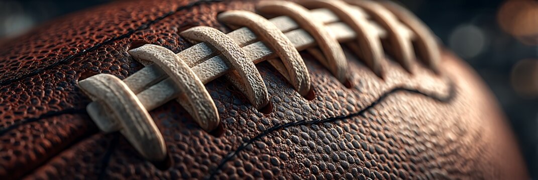 American football with detailed leather texture and white laces resting under stadium lights for professional sports competition and athletic training equipment setup