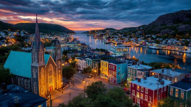 Evening cityscape of St. John&rsquo;s, Newfoundland and Labrador, Canada, with warm twilight lighting over the urban landscape.