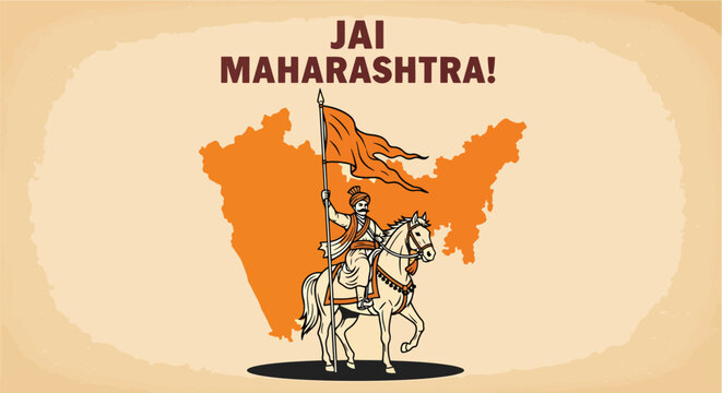 Jai Maharashtra Day Celebration Poster - Chatrapati Shivaji Maharaj on Horse with Bhagwa Flag and State Map