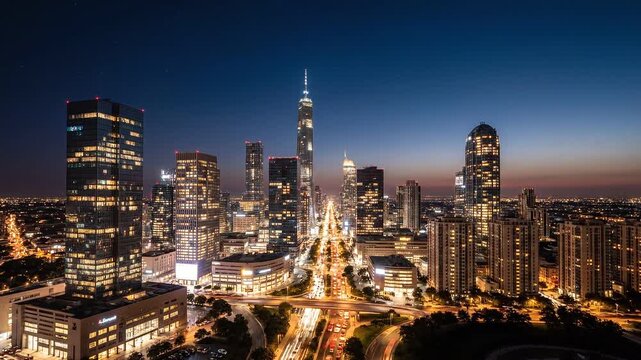 Aerial view of a vibrant urban skyline at dusk, showcasing illuminated buildings and busy streets in a metropolitan cityscape