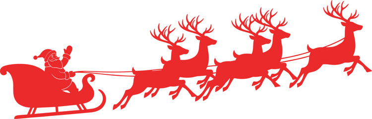 Red Santa Claus silhouette flying in sleigh pulled by reindeer team isolated on white background Christmas vector illustration © Limon