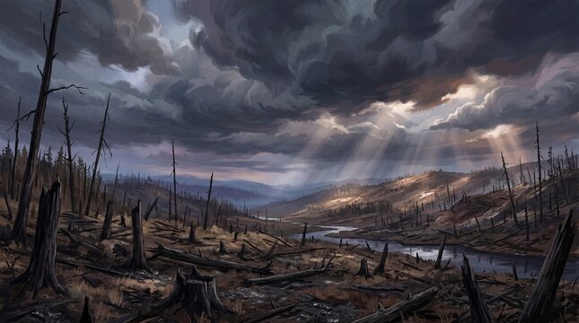 Barren deforested landscape with dead trees under dramatic cloudy sky