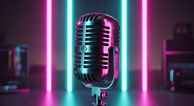 Vintage vocal equipment stands ready for performance featuring bright neon lights casting vibrant purple and cyan colors onto the metallic surface for a professional recording session atmosphere