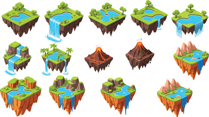 Cartoon illustrated floating fantasy islands with waterfalls volcanoes tropical vegetation rocky cliffs ponds mountains creative imaginative artwork scene © IconicCreations