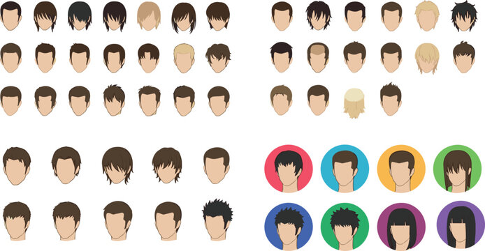 Cartoon illustrated male character design sheet with multiple hairstyles hair colors styles spiky layered short long creative artwork scene