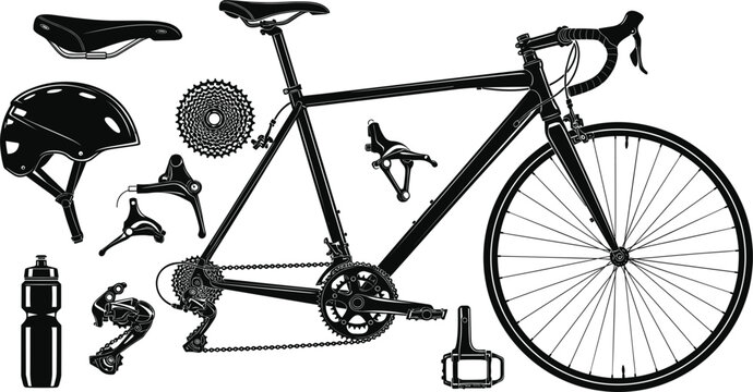 Road bike silhouette and cycling accessories set including helmet water bottle saddle and gear components vector illustration isolated on white