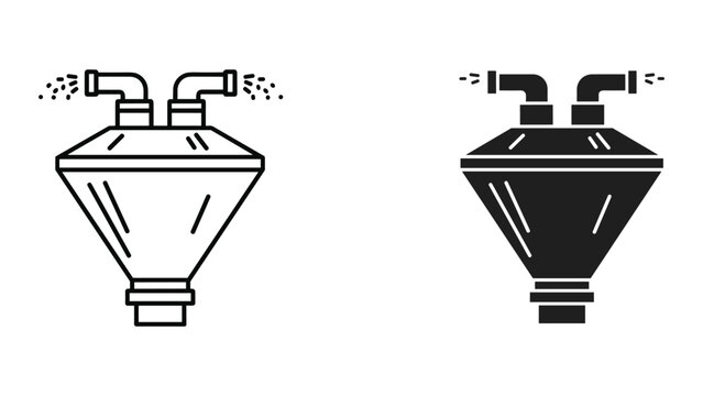 Two black and white icons of industrial funnel shaped air filters with pipes