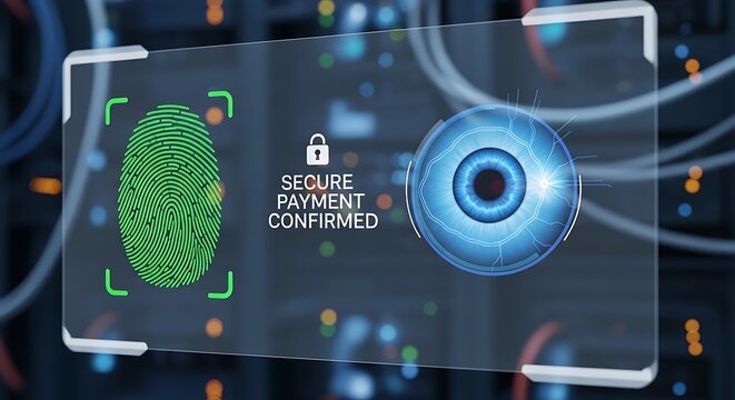 Biometric secure payment confirmed interface, fingerprint and iris scan authentication, digital cybersecurity technology in data center server room