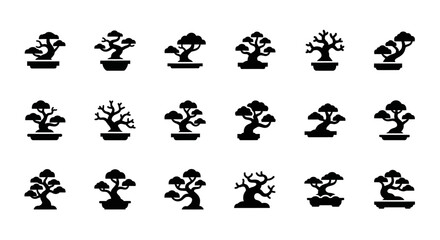 Obraz premium Black Bonsai Tree Icons, Vector Silhouette Set, 20 Minimalist Designs, Tree Symbols, Landscape Elements