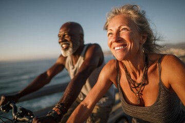 Fototapeta premium Elderly couple biking by the seaside at sunset