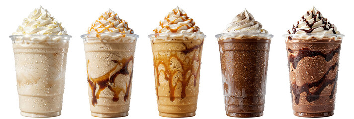 frozen coffee and caramel frappes with whipped cream and drizzled toppings in plastic takeaway cups on transparent background © Costy