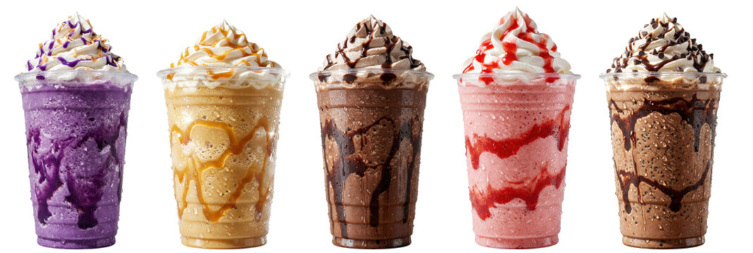 frozen blended frappes including ube caramel chocolate and strawberry flavors with whipped cream and toppings in plastic cups on transparent background