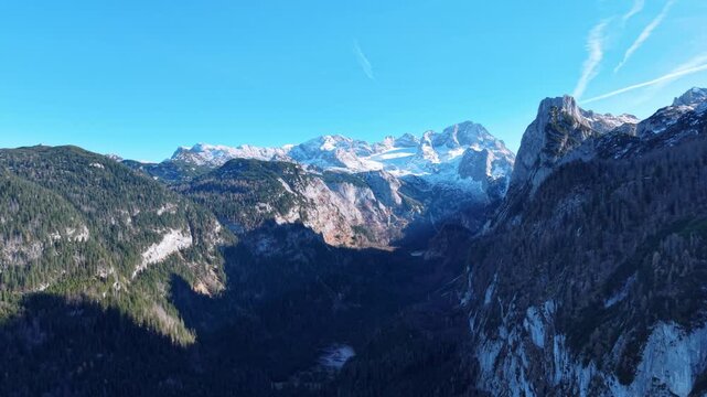 Scenic Aerial View of Jagge Limestone Alps Peaks and eep Forest Valley