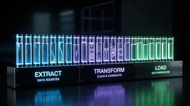 Innovative Data Processing Pipeline with Extract, Transform, and Load (ETL) Stages Showcased in Test Tube Analogy