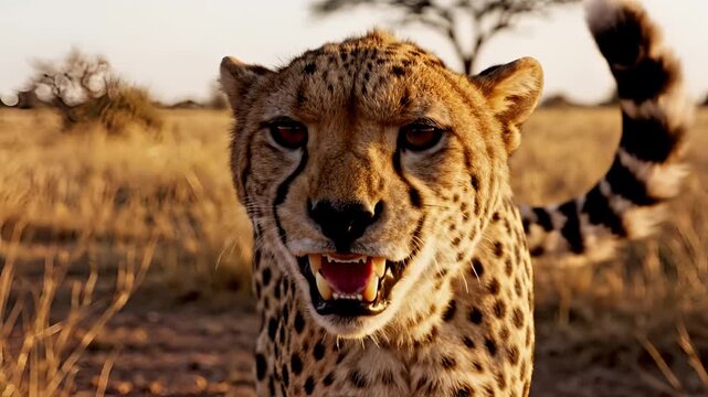 Close up of a cheetahs face in the African savanna at sunset.