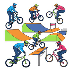 Naklejka premium BMX Riders Performing Tricks on Ramps and Obstacles, Action Sports Illustration