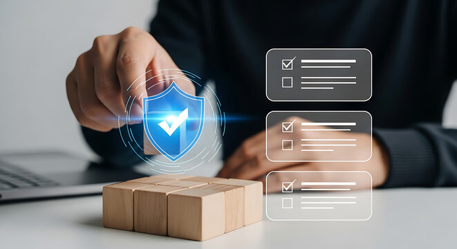 Security shield icon with checkmark symbol on wooden blocks.