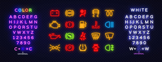 Naklejka premium Neon alphabet and car dashboard icon collection with multicolor glowing style. Bright letters, numbers and automotive symbols for creative interface design