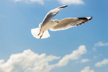Fototapeta premium Seagull Flying Over the Ocean Near the Coastline During a Sunny Day