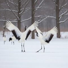 Obraz premium Red Crowned Cranes Snow Courtship
