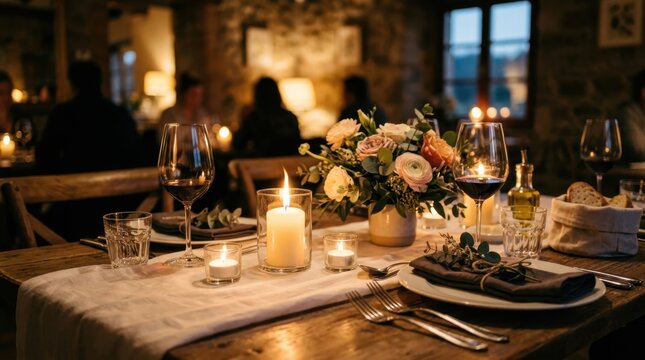 Intimate dinner table set with flickering candles in clear glass holders, soft golden light casting dancing shadows across white linens, two place settings with elegant