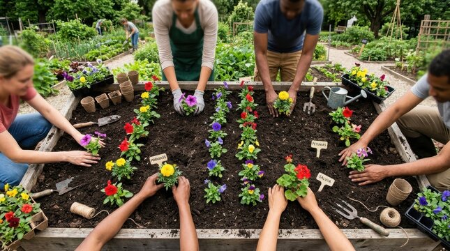 Wide overhead view of a wooden garden bed filled with freshly turned soil, multiple hands of different skin tones working together to arrange colorful flower seedlings in