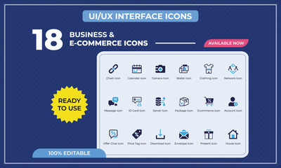 Naklejka premium UI UX Business and E-commerce Icon Set, Modern Flat Interface Icons Pack, Editable Vector Collection