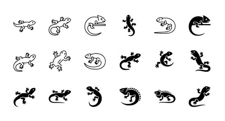 Fototapeta premium Diverse collection of lizard and chameleon icons in linear and solid black styles for versatile wildlife graphic design and nature themed digital interface projects
