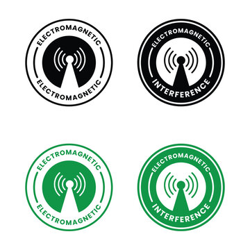 This image displays four circular icons representing electromagnetic interference utilizing black white and green color schemes high quality professional detailed modern elegant stylish clean