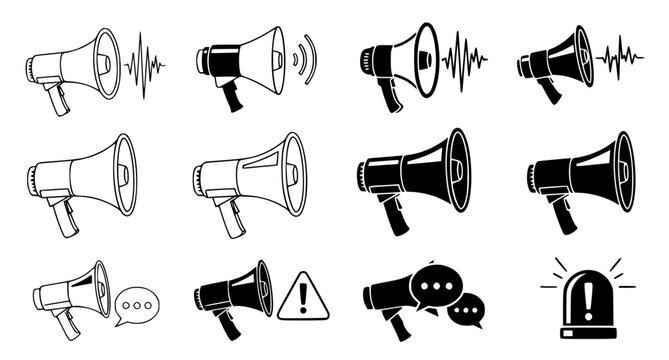 Versatile collection of megaphone icons in black and white styles with speech bubbles and alert symbols for professional marketing and communication design projects