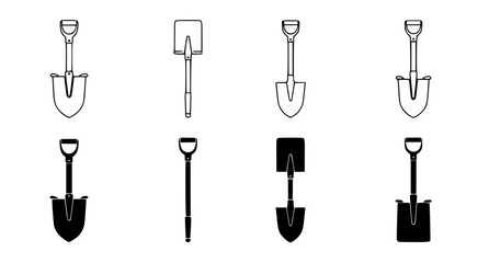 Collection of black and white line art and solid icons depicting various garden shovels and digging tools for landscaping and agriculture design projects © Neoviz Studio