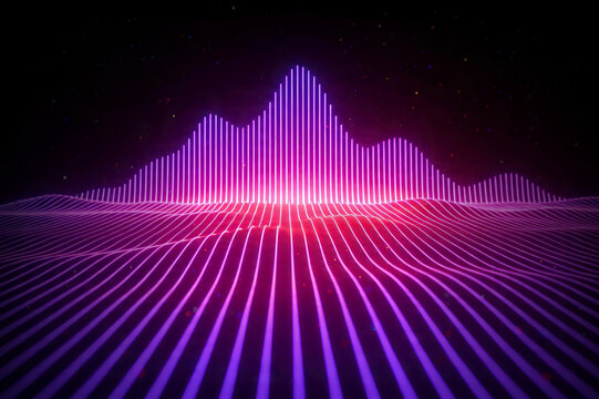 Retro neon waveform landscape inspired by 1980s sound aesthetics, representing audio signals and music generated with artificial intelligence. Ideal for themes related to digital music, technology
