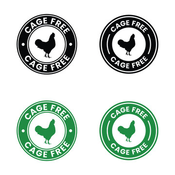 This image displays four variations of a circular cage free label featuring a silhouette of a hen in differing colors high quality professional detailed