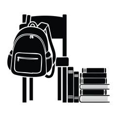 Fototapeta premium Backpack hanging on chair with books stack vector illustration, school learning study concept.