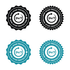 Obraz premium This image displays four variations of a circular badge indicating 24 7 non stop protection differing in color high quality professional detailed modern elegant