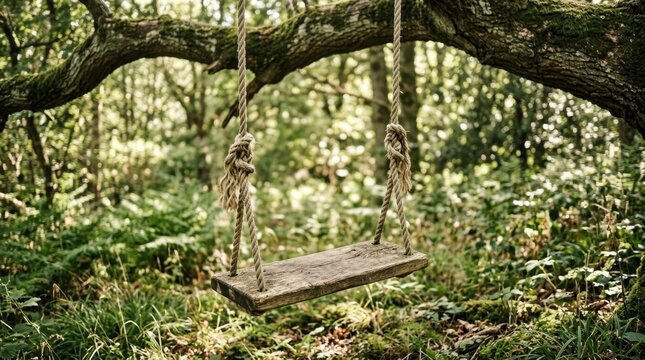 Vintage wooden swing suspended from twisted jute rope tied to a gnarled tree branch, empty seat swaying gently in dappled woodland light, soft focus forest backdrop with