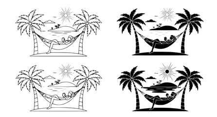 Obraz premium People relaxing in hammocks under palm trees on tropical island beach vector set in outline and solid silhouette styles for vacation and summer travel concepts
