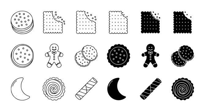 Assorted collection of biscuit and cookie icons featuring various shapes and textures in outline and solid black silhouette styles for bakery and food graphic design