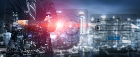 A professional businessman stands with city skyline in the background, accompanied by a shield icon and login interface symbolizing security and technology in finance. Gantry © InfiniteFlow