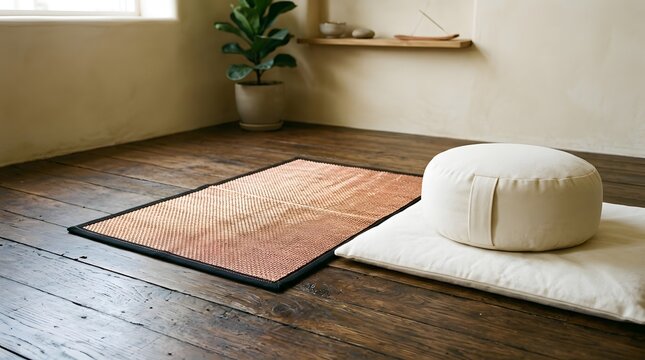 A peaceful, empty meditation setup featuring a textured copper-toned mat and a soft, round white zafu cushion, inviting tranquility.