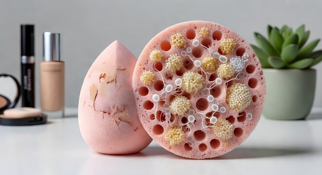 Used makeup sponge with foundation residue beside a microscopic view showing staphylococcus epidermidis bacteria and candida albicans yeast, representing beauty hygiene risks