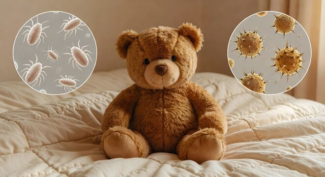 Cuddly teddy bear next to a zoomed-in visualization of dust mites and mold spores, ideal for respiratory health, cleaning education, and pediatric allergen concepts