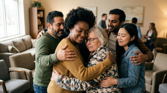 Circle of diverse people embracing in a warm group hug, arms wrapped around shoulders and backs, faces showing genuine comfort and relief, soft indoor lighting in a