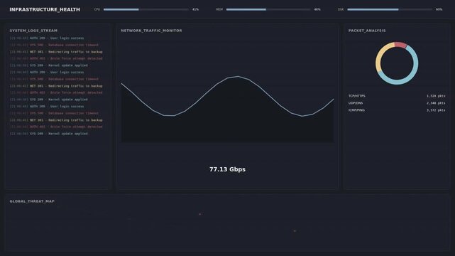 A digital dashboard displaying network traffic metrics with interactive graphs and data analysis
