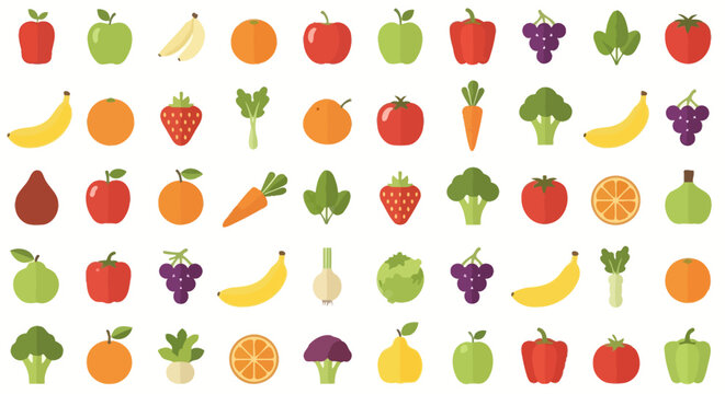 Colorful Fruits and Vegetables Icons Set - Healthy Food Collection