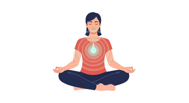Woman meditating in lotus pose, inner peace and calm, chakra glow